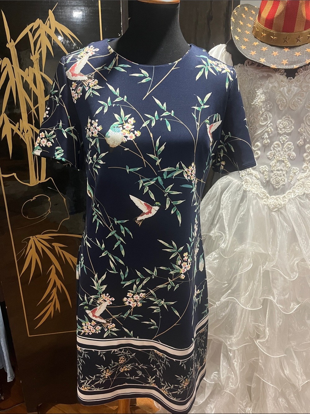 7th Avenue Navy Floral Shift Dress with Teal & Cream Accents